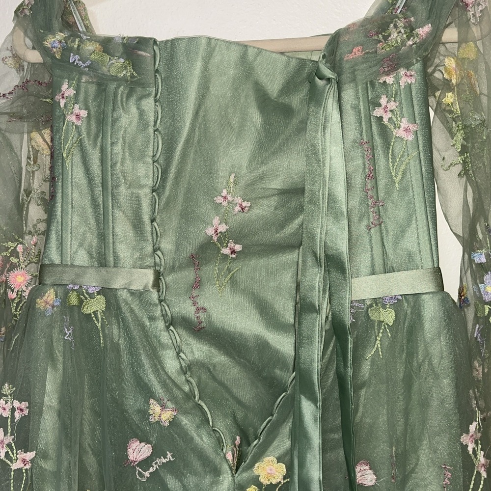 Fairytale Floral Green Tulle Long Sleeve Party Dress Size 8 Flowers Butterfly - Picture 7 of 10